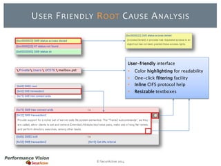 USER FRIENDLY ROOT CAUSE ANALYSIS 
© SecurActive 2014 
User-friendly interface 
 Color highlighting for readability 
 One-click filtering facility 
 Inline CIFS protocol help 
 Resizable textboxes 
 