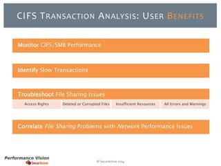 CIFS TRANSACTION ANALYSIS: USER BENEFITS 
Monitor CIFS/SMB Performance 
Troubleshoot File Sharing Issues 
Access Rights Deleted or Corrupted Files Insufficient Resources All Errors and Warnings 
© SecurActive 2014 
Identify Slow Transactions 
Correlate File Sharing Problems with Network Performance Issues 
 