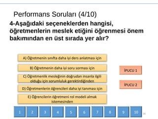 Performans Soruları (4/10)
16
4-Aşağıdaki seçeneklerden hangisi,
öğretmenlerin meslek etiğini öğrenmesi önem
bakımından en üst sırada yer alır?
B) Öğretmenin daha iyi soru sorması için
C) Öğretmenlik mesleğinin doğrudan insanla ilgili
olduğu için sorumluluk gerektirdiğinden
İPUCU 1
İPUCU 2
D) Öğretmenlerin öğrencileri daha iyi tanıması için
A) Öğretmenin sınıfta daha iyi ders anlatması için
E) Öğrencilerin öğretmeni rol modeli almak
istemesinden
1 2 3 4 5 6 7 9 108
 