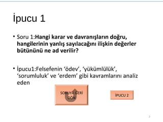 İpucu 1
• Soru 1:Hangi karar ve davranışların doğru,
hangilerinin yanlış sayılacağını ilişkin değerler
bütününü ne ad verilir?
• İpucu1:Felsefenin ‘ödev’, ‘yükümlülük’,
‘sorumluluk’ ve ‘erdem’ gibi kavramlarını analiz
eden
2
SORUYA GERİ
DÖN
İPUCU 2
 