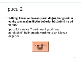 İpucu 2
• 1-Hangi karar ve davranışların doğru, hangilerinin
yanlış sayılacağını ilişkin değerler bütününü ne ad
verilir?
• İpucu2:insanlara ‘‘işlerin nasıl yapılması
gerektiğini’’ belirlemede yardımcı olan kılavuz
değerler
3
SORUYA GERİ
DÖN
 