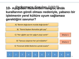 Performans Soruları (10/10)
46
10- Aşağıdaki ifadelerden hangisi, ahlâk
kurallarının göreli olması nedeniyle, yabancı bir
işletmenin yerel kültüre uyum sağlaması
gerektiğini savunur?
İPUCU 1
İPUCU 2
D) “Sonuca ulaştıran her yol mübahtır”
A) “Benim doğrularım mutlak doğrulardır”
E) “Evrensel ahlâk ilkelerine uymak esastır”
B) “Roma’dayken Romalılar gibi yap”
C) “Her yiğidin ayrı bir yoğurt yiyişi vardır”
1 2 3 4 5 6 7 9 108
 