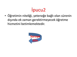 İpucu2
• Öğretimin niteliği, yeteneğe bağlı olan sürenin
dışında ek zaman gerektirmeyecek öğretme
hizmetini betimlemektedir.
Soruya
dön
 