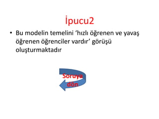 İpucu2
• Bu modelin temelini ‘hızlı öğrenen ve yavaş
öğrenen öğrenciler vardır’ görüşü
oluşturmaktadır
Soruya
dön
 