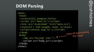 @joshholmes
DOM Parsing
<html>
<head>
<title>Silly example</title>
<script src="head.js"></script>
<link rel="stylesheet" ...