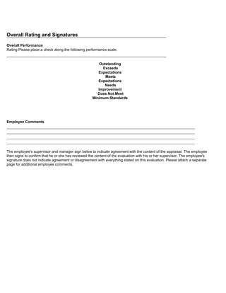 Overall Rating and Signatures

Overall Performance
Rating Please place a check along the following performance scale.


                                                        Outstanding
                                                         Exceeds
                                                       Expectations
                                                           Meets
                                                       Expectations
                                                           Needs
                                                       Improvement
                                                       Does Not Meet
                                                    Minimum Standards




Employee Comments
_____________________________________________________________________________________
_____________________________________________________________________________________
_____________________________________________________________________________________
_____________________________________________________________________________________

The employee's supervisor and manager sign below to indicate agreement with the content of the appraisal. The employee
then signs to confirm that he or she has reviewed the content of the evaluation with his or her supervisor. The employee's
signature does not indicate agreement or disagreement with everything stated on this evaluation. Please attach a separate
page for additional employee comments.
 