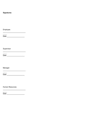 Signatures




Employee
_______________________
____
Date __________________




Supervisor
_______________________
____
Date __________________




Manager
_______________________
____
Date __________________




Human Resources
_______________________
____
Date __________________
 