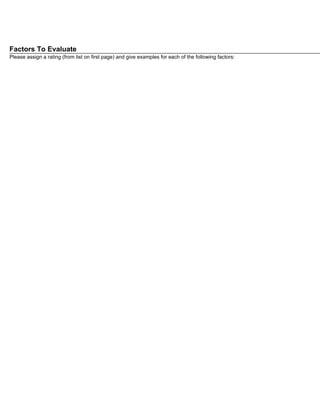 Factors To Evaluate
Please assign a rating (from list on first page) and give examples for each of the following factors:
 