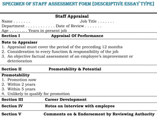 Specimen of Staff Assessment Form [Descriptive Essay Type]

                                 Staff Appraisal
Name . . . . . . .                              Job Title . . . . . . .
Department . . . . . . . . . . . . Date of Review . . . . . . .
Age . . . . . .. . Years in present job
Section I                      Appraisal Of Performance
Note to Appraiser
1. Appraisal must cover the period of the preceding 12 months
2. Consideration to every function & responsibility of the job
3. An objective factual assessment of an employee’s improvement or
   deterioration

Section II                   Promotability & Potential
Promotability
1. Promotion now
2. Within 2 years
3. Within 5 years
4. Unlikely to qualify for promotion
Section III             Career Development
Section IV                 Notes on Interview with employee

Section V                 Comments on & Endorsement by Reviewing Authority
 