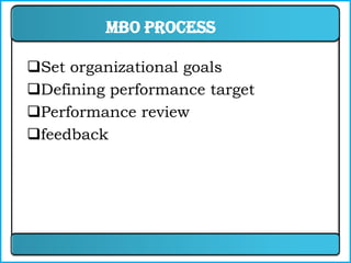 MBO Process

Set organizational goals
Defining performance target
Performance review
feedback
 