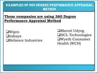 Examples of 360 degree performance appraisal
                   method

These companies are using 360 Degree
Performance Appraisal Method


Wipro                    Maruti Udyog
Infosys                  HCL Technologies
Reliance Industries      Wyeth Consumer
                          Health (WCH)
 