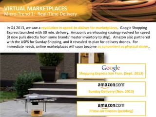 VIRTUAL MARKETPLACES

Micro-Trend 1: Real-Time Delivery
In Q4 2013, we saw a revolution in speed-to-deliver for marketplaces. Google Shopping
Express launched with 30 min. delivery. Amazon’s warehousing strategy evolved for speed
(it now pulls directly from some brands’ master inventory to ship). Amazon also partnered
with the USPS for Sunday Shipping, and it revealed its plan for delivery drones. For
immediate needs, online marketplaces will soon become as convenient as physical stores.

Shopping Express San Fran. (Sept. 2013)

Sunday Delivery (Nov. 2013)

Prime Air Drones (pending)

 