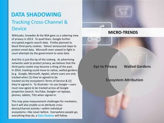 DATA SHADOWING
Tracking Cross-Channel &
Device
WikiLeaks, Snowden & the NSA gave us a sobering view
of privacy in 2013. To quell fears, Google further
encrypted organic search data. Firefox planned to
block third-party cookies. Yahoo! announced steps to
protect email data. Microsoft even vowed to fight in
court attempts by the government to seize data.
And this is just the tip of the iceberg. As advertising
networks seek to protect privacy, we believe that the
third-party cookie may become a thing of the past.
In 2014, tracking could move to native, walled gardens
(e.g. Google, Microsoft, Apple), where users are only
tracked when (1) they’ve agreed to be
tracked via the ecosystem’s Terms of Service & (2)
they’re signed in. To illustrate—to use Google—users
must now agree to be tracked across all Google
properties (search, YouTube, Google+ on laptops,
phones, tablets, TVs) when signed-in.
This may pose measurement challenges for marketers,
but it will also enable us to attribute crossdevice/channel activity—within individual
ecosystems—like never before. Everywhere people go,
everything they do, a Data Shadow will follow.

MICRO-TRENDS

Eye to Privacy

Walled Gardens

Ecosystem Attribution

 
