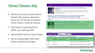  Continuous news stream where
Stream Ads appears between
every 10–15 articles on Yahoo!
Home, News, Travel & Finance
 CPC-based; target based on
DMA, city, state, gender
 Stream Mail runs on top of inbox
 We’re seeing higher ROI than
other contextual ad types
23
Yahoo!StreamAds
 
