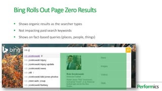  Shows organic results as the searcher types
 Not impacting paid search keywords
 Shows on fact-based queries (places, people, things)
30
BingRollsOutPageZeroResults
 