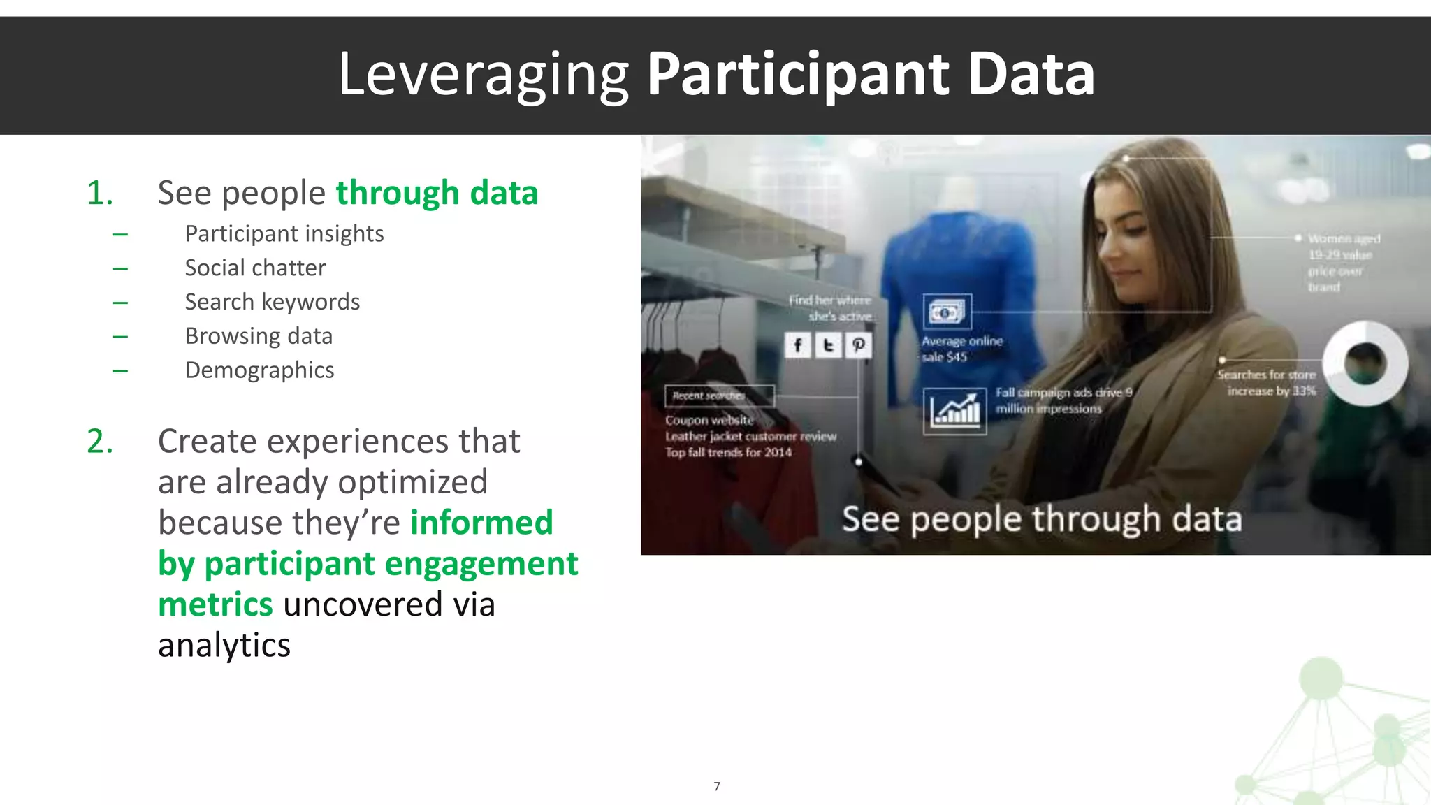 1. See people through data
– Participant insights
– Social chatter
– Search keywords
– Browsing data
– Demographics
2. Create experiences that
are already optimized
because they’re informed
by participant engagement
metrics uncovered via
analytics
7
Leveraging Participant Data
 