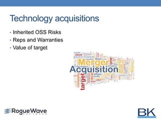 Technology acquisitions
• Inherited OSS Risks
• Reps and Warranties
• Value of target
 