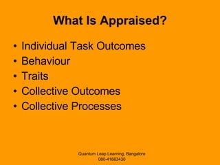 What Is Appraised? Individual Task Outcomes Behaviour Traits Collective Outcomes Collective Processes 