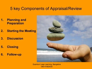 5 key Components of Appraisal/Review Planning and Preparation  Starting the Meeting   Discussion  Closing  Follow-up  