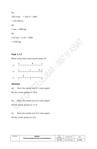 Code No. Module:
Performing Mensuration and Calculations
Date
Developed
Developed by Page
April, 2009 Mr. LRTEscobar 6 of 89
So,
102.5 km = 102 5 × 1000
= 102 500 m
(d)
1 ton = 1000 kg
So
4.32 km = 4.32 × 1000
= 4320 kg
Task 1.1-3
What value does each arrow point to?
Solution
(a) Here the marks are 0.1 units apart.
So the arrow points to 12.6.
(b) Here the marks are 0.2 units apart.
So the arrow points to 11.8.
(c) Here the marks are 0.4 units apart.
So the arrow points to 6.8.
 