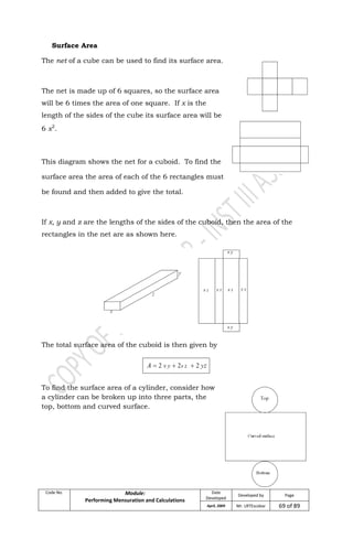 Code No. Module:
Performing Mensuration and Calculations
Date
Developed
Developed by Page
April, 2009 Mr. LRTEscobar 69 of 89
Surface Area
The net of a cube can be used to find its surface area.
The net is made up of 6 squares, so the surface area
will be 6 times the area of one square. If x is the
length of the sides of the cube its surface area will be
6 x2
.
This diagram shows the net for a cuboid. To find the
surface area the area of each of the 6 rectangles must
be found and then added to give the total.
If x, y and z are the lengths of the sides of the cuboid, then the area of the
rectangles in the net are as shown here.
The total surface area of the cuboid is then given by
To find the surface area of a cylinder, consider how
a cylinder can be broken up into three parts, the
top, bottom and curved surface.
 