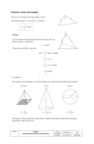 Code No. Module:
Performing Mensuration and Calculations
Date
Developed
Developed by Page
April, 2009 Mr. LRTEscobar 80 of 89
Volumes, Areas and Lengths
 