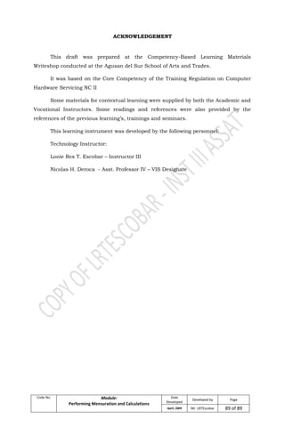 Code No. Module:
Performing Mensuration and Calculations
Date
Developed
Developed by Page
April, 2009 Mr. LRTEscobar 89 of 89
ACKNOWLEDGEMENT
This draft was prepared at the Competency-Based Learning Materials
Writeshop conducted at the Agusan del Sur School of Arts and Trades.
It was based on the Core Competency of the Training Regulation on Computer
Hardware Servicing NC II
Some materials for contextual learning were supplied by both the Academic and
Vocational Instructors. Some readings and references were also provided by the
references of the previous learning’s, trainings and seminars.
This learning instrument was developed by the following personnel:
Technology Instructor:
Lonie Rex T. Escobar – Instructor III
Nicolas H. Deroca - Asst. Professor IV – VIS Designate
 