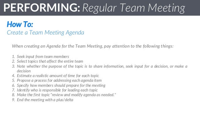 team standards performing regular team meetings agenda for team meeting