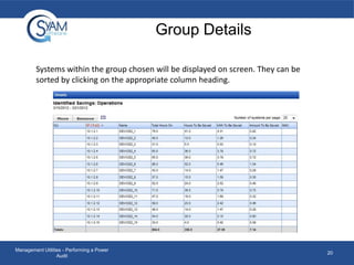 Group Details
Systems within the group chosen will be displayed on screen. They can be
sorted by clicking on the appropriate column heading.

Management Utilities - Performing a Power
Audit

20

 