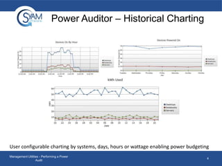 Power Auditor – Historical Charting

User configurable charting by systems, days, hours or wattage enabling power budgeting
Management Utilities - Performing a Power
Audit

4

 