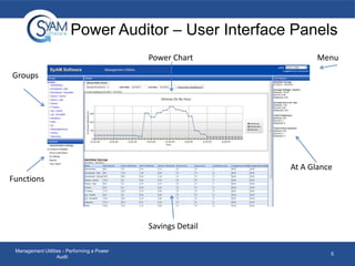 Power Auditor – User Interface Panels
Power Chart

Menu

Groups

At A Glance
Functions

Savings Detail
Management Utilities - Performing a Power
Audit

5

 
