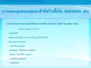 3 การนาเสนอการบรรยายทรัพยากรตามโครงสร้างของ RDF ในรูปของ XML 
<?xml version=z1.0{?> 
<rdf:RDF 
xmlns:rdf=http://www.w3.org/1999/02/22- 
rdf-syntax-ns#text> 
<rdf:Description 
rdf:about="ศิลปะการแสดง"> 
<name>รองแง็ง</name> 
</rdf:Description> 
</rdf:RDF> 
 