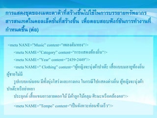 <meta NANE=”Music” content=”เพลงตันหยง”/> 
<meta NAME=”Category” content=”การแสดงท้องถิ่น”/> 
<meta NAME=”Year” content=”2439-2449”/> 
<meta NAME=” Clothing” content=”ผู้หญิงจะนุ่งผ้าปาเต๊ะ เสื้อแบบมลายูท้องถิ่น 
ผู้ชายไม่มี 
รูปแบบแน่นอน มีทั้งนุ่งโสร่งและกางเกง ในกรณีไปแสดงต่างถิ่น ผู้หญิงจะนุ่งผ้า 
ปาเต๊ะหรือย่าหยา 
ประยุกต์ เสื้อแขนยาวลายดอกไม้ มีผ้าลูกไม้คลุม ศีรษะหรือคล้องคอ”/> 
<meta NAME=”Tempo” content=”เป็นจังหวะค่อนข้างเร็ว”/> 
 