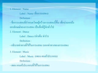 1. Element : Name 
Label : Name (ชื่อการแสดง) 
Definition : 
- ชื่อการแสดงที่กา หนดโดยผู้สร้างการแสดงนี้ขึ้น เพื่อบ่งบอกถึง 
เอกลักษณ์ของการแสดง เป็นชื่อที่รู้จักทั่วไป 
2. Element : Dance 
Label : Dance (ท่าเต้น ท่ารา) 
Definition : 
- อธิบายท่าทางที่ใช้ในการแสดง บอกท่าทางของการแสดง 
3. Element : Music 
Label : Music (เพลง ดนตรีประกอบ) 
Definition : 
- เพลง ดนตรีประกอบที่ใช้ในการแสดง 
 
