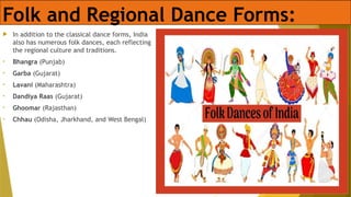 Folk and Regional Dance Forms:
 In addition to the classical dance forms, India
also has numerous folk dances, each reflecting
the regional culture and traditions.
• Bhangra (Punjab)
• Garba (Gujarat)
• Lavani (Maharashtra)
• Dandiya Raas (Gujarat)
• Ghoomar (Rajasthan)
• Chhau (Odisha, Jharkhand, and West Bengal)
 