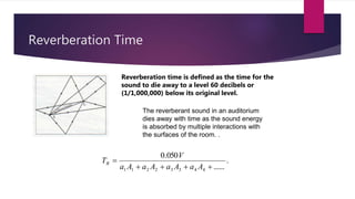 Reverberation Time
The reverberant sound in an auditorium
dies away with time as the sound energy
is absorbed by multiple interactions with
the surfaces of the room. .
Reverberation time is defined as the time for the
sound to die away to a level 60 decibels or
(1/1,000,000) below its original level.
.
......
050.0
44332211 

AaAaAaAa
V
TR
 