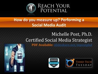 How do you measure up? Performing a Social Media Audit 
Michelle Post, Ph.D. 
Certified Social Media Strategist 
PDF Available: slideshare.net/mpostphd  