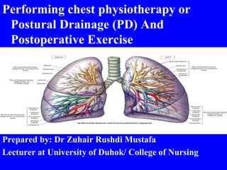 Performing chest physiotherapy or
Postural Drainage (PD) And
Postoperative Exercise
Prepared by: Dr Zuhair Rushdi Mustafa
Lecturer at University of Duhok/ College of Nursing
 