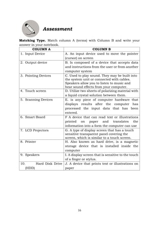 16
Assessment
Matching Type. Match column A (terms) with Column B and write your
answer in your notebook.
COLUMN A COLUMN B
1. Input Device A. An input device used to move the pointer
(cursor) on screen
2. Output device B. Is composed of a device that accepts data
and instructions from the user or from another
computer system
3. Pointing Devices C. Used to play sound. They may be built into
the system unit or connected with cables.
Speakers allow you to listen to music and
hear sound effects from your computer.
4. Touch screen D. Utilize two sheets of polarizing material with
a liquid crystal solution between them.
5. Scanning Devices E. is any piece of computer hardware that
displays results after the computer has
processed the input data that has been
entered.
6. Smart Board F A device that can read text or illustrations
printed on paper and translates the
information into a form the computer can use
7. LCD Projectors G. A type of display screen that has a touch
sensitive transparent panel covering the
screen, which is similar to a touch screen.
8. Printer H. Also known as hard drive, is a magnetic
storage device that is installed inside the
computer
9. Speakers I. A display screen that is sensitive to the touch
of a finger or stylus.
10. Hard Disk Drive
(HDD)
J. A device that prints text or illustrations on
paper
 