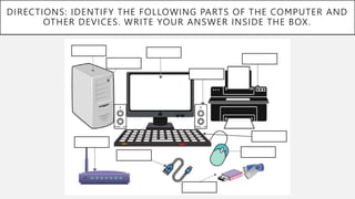 DIRECTIONS: IDENTIFY THE FOLLOWING PARTS OF THE COMPUTER AND
OTHER DEVICES. WRITE YOUR ANSWER INSIDE THE BOX.
 