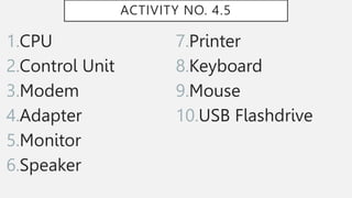 ACTIVITY NO. 4.5
1.CPU
2.Control Unit
3.Modem
4.Adapter
5.Monitor
6.Speaker
7.Printer
8.Keyboard
9.Mouse
10.USB Flashdrive
 