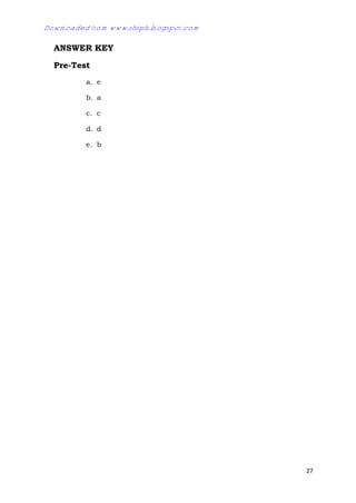 27
ANSWER KEY
Pre-Test
a. e
b. a
c. c
d. d
e. b
Downloaded from www.shsph.blogspot.com
 
