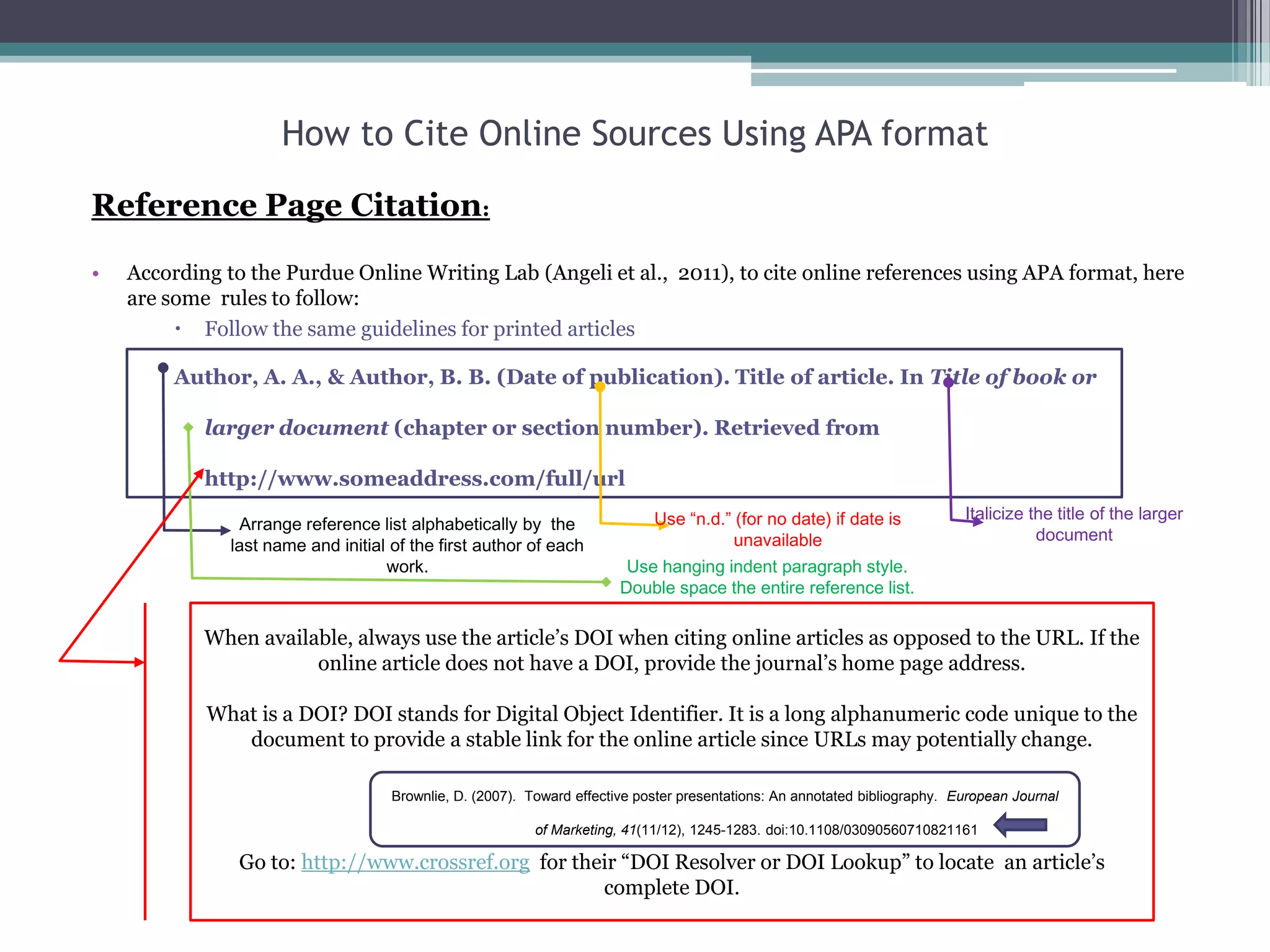 How to Cite Online Sources Using APA format
Reference Page Citation:

•   According to the Purdue Online Writing Lab (Angeli et al., 2011), to cite online references using APA format, here
    are some rules to follow:
          Follow the same guidelines for printed articles

         Author, A. A., & Author, B. B. (Date of publication). Title of article. In Title of book or

            larger document (chapter or section number). Retrieved from

            http://www.someaddress.com/full/url
                                                                             Use “n.d.” (for no date) if date is             Italicize the title of the larger
                Arrange reference list alphabetically by the
                                                                                        unavailable                                     document
               last name and initial of the first author of each
                                    work.                                Use hanging indent paragraph style.
                                                                        Double space the entire reference list.

            When available, always use the article’s DOI when citing online articles as opposed to the URL. If the
                       online article does not have a DOI, provide the journal’s home page address.

            What is a DOI? DOI stands for Digital Object Identifier. It is a long alphanumeric code unique to the
               document to provide a stable link for the online article since URLs may potentially change.

                                     Brownlie, D. (2007). Toward effective poster presentations: An annotated bibliography. European Journal

                                                           of Marketing, 41(11/12), 1245-1283. doi:10.1108/03090560710821161

                Go to: http://www.crossref.org for their “DOI Resolver or DOI Lookup” to locate an article’s
                                                      complete DOI.
 