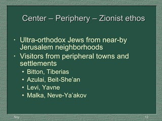 Center – Periphery – Zionist ethos <ul><li>Ultra-orthodox Jews from near-by Jerusalem neighborhoods  </li></ul><ul><li>Vis...