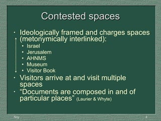 Contested spaces <ul><li>Ideologically framed and charges spaces (metonymically interlinked):   </li></ul><ul><ul><li>Isra...