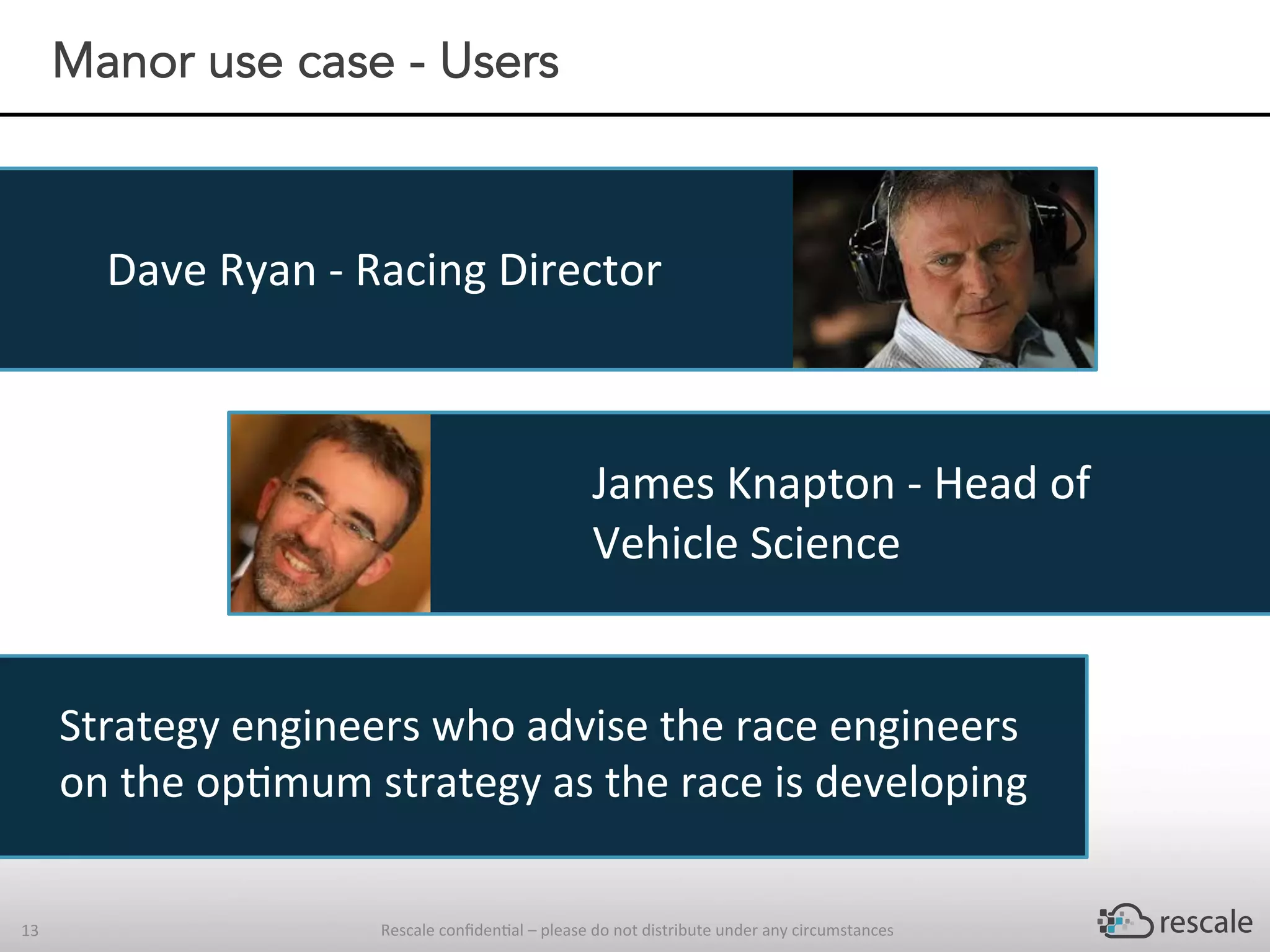 Rescale	conﬁden-al	–	please	do	not	distribute	under	any	circumstances	13	
Manor use case - Users
Dave	Ryan	-	Racing	Director	
	
	
	
	
James	Knapton	-	Head	of	
Vehicle	Science	
	
Strategy	engineers	who	advise	the	race	engineers	
on	the	op-mum	strategy	as	the	race	is	developing	
	
 
