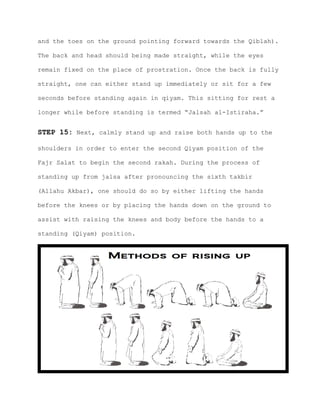 and the toes on the ground pointing forward towards the Qiblah).
The back and head should being made straight, while the eyes
remain fixed on the place of prostration. Once the back is fully
straight, one can either stand up immediately or sit for a few
seconds before standing again in qiyam. This sitting for rest a
longer while before standing is termed “Jalsah al-Istiraha.”
STEP 15: Next, calmly stand up and raise both hands up to the
shoulders in order to enter the second Qiyam position of the
Fajr Salat to begin the second rakah. During the process of
standing up from jalsa after pronouncing the sixth takbir
(Allahu Akbar), one should do so by either lifting the hands
before the knees or by placing the hands down on the ground to
assist with raising the knees and body before the hands to a
standing (Qiyam) position.
 