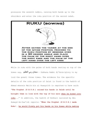 pronounce the seventh takbir, raising both hands up to the
shoulders and enter the ruku position of the second rakah.
While in ruku with the palms of both hands resting on top of the
knees say, ‫العظيم‬ ‫ربي‬ ‫سبحان‬ - Subhana Rabbi Al’Azim (glory to my
lord the great) three times. The evidence for the specific
details of the ruku position of Salat is found in the hadith of
Ahmad wherein Malik bin al Huwayrith is reported to have said:
“The Prophet (P.B.U.H.) raised his hands in Salah until he
brought them in line with the top of his ears when he bowed into
ruku...” In addition, the hadith of Bukhari narrated by Abu
Humayd As-Saa’idi reports: “When the Prophet (P.B.U.H.) made
Ruku’, he would firmly put his hands on his knees while making
 