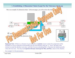 1. Establishing A Dimension Chain (Loop) For the Tolerance Stack-up

   This is an example of a dimension chain. In the next pages, you will see how this chain is established.




     SF: Assembly dimension of Interest
     Other vectors: Comprise the dimension chain




 Important Note: If there is a clearance in your assembly at nominal, ensure to place the components of the
 assembly in a way to create the worst possible case for your tolerance stack-up. i.e. ‘move’ the parts to the
 extreme to create the absolute worst case, such that if you are calculating Min., it becomes the smallest possible
 value and visa-versa. You may need separate tolerance stack-ups for Min. and Max. values in this situation.
 See example 2 in this presentation.
Arash Vakily                                              October 2009                                                18
 