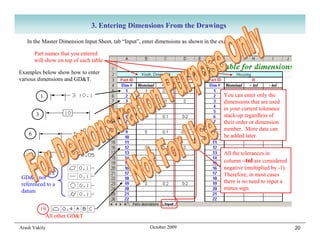 3. Entering Dimensions From the Drawings

   In the Master Dimension Input Sheet, tab “Input”, enter dimensions as shown in the example below.

        Part names that you entered
        will show on top of each table

Examples below show how to enter
various dimensions and GD&T.


            1                                                                         You can enter only the
                                                                                      dimensions that are used
                                                                                      in your current tolerance
        3                                                                             stack-up regardless of
                                                                                      their order or dimension
                                                                                      number. More data can
    6                                                                                 be added later.


    9                                                                                 All the tolerances in
                                                                                      column –tol are considered
                                                                                      negative (multiplied by -1).
            12                                                                        Therefore, in most cases
GD&T not
                                                                                      there is no need to input a
referenced to a
                                                                                      minus sign.
datum


            19
              All other GD&T

Arash Vakily                                           October 2009                                                  20
 